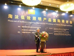 A man speaks at a podium with a bouquet of flowers in front of a blue backdrop at the Phase-out of Inefficient Lighting International Workshop. The stage is well-lit with a chandelier above.