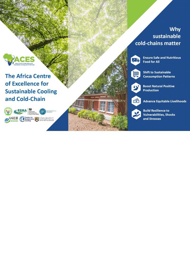 A promotional graphic for the Africa Centre of Excellence for Sustainable Cooling and Cold-Chain, listing reasons why sustainable cold-chains matter, with a photo of a building and trees in the background.
