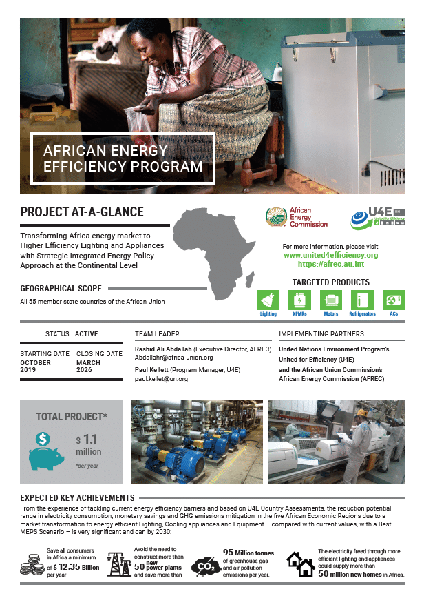 A woman irons clothes in a room with many appliances. The flyer details the African Energy Efficiency Program, its objectives, partners, achievements, and key dates, with icons, charts, and a map of Africa.