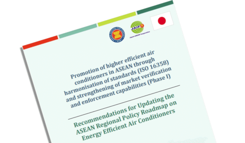 A document cover about promoting efficient air conditioners in ASEAN with logos and a Japanese flag, titled Recommendations for Updating the ASEAN Regional Policy Roadmap on Energy Efficient Air Conditioners..