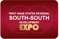 Maroon background with overlapping circles. White text reads First Arab States Regional South-South Development. EXPO is in large gold letters at the bottom.