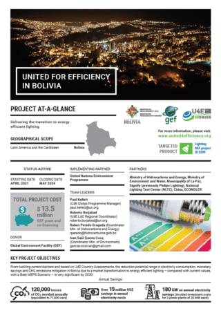 Fact sheet titled United for Efficiency in Bolivia about an energy-efficient lighting project, featuring project details, objectives, funding data, and an illuminated cityscape at night.