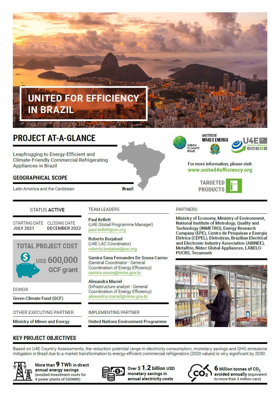 Infographic about the United for Efficiency project in Brazil, detailing goals, team members, partners, funding, and impacts, featuring a Rio de Janeiro cityscape and icons about energy efficiency in commercial refrigeration.