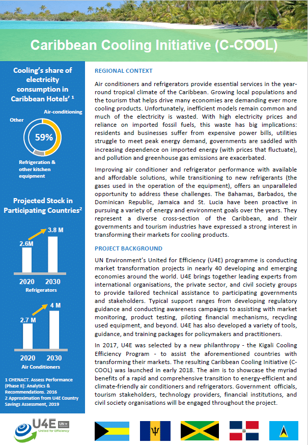 An infographic about the Caribbean Cooling Initiative, highlighting refrigerations 59% share of hotels electricity use, projected equipment stocks in four countries, and regional efforts to improve cooling efficiency.