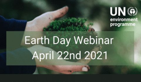 A poster for a UN Environment Programme Earth Day Webinar on April 22, 2021, focused on The Caribbean Cooling Initiative and benefits of energy-efficient, climate-friendly air conditioners and refrigerators.