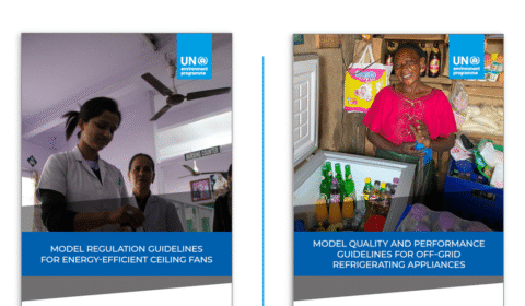 Two UNEP guideline covers: Left shows people in a clinic under a ceiling fan. Right shows a woman smiling behind an off-grid fridge stocked with drinks. Both have blue banners and UNEP logos at the top.