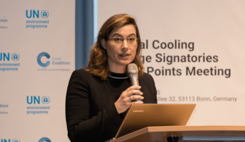 A woman in glasses speaks into a microphone at a podium during a UN Environment Programme event, with a presentation screen and event details visible in the background.
