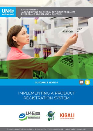 A woman in a red shirt checks energy-efficient products on store shelves. The cover text reads: Implementing a Product Registration System—Guidance Note 4, with UN, GEF, and Kigali logos at the bottom.