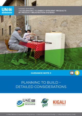 Two people sit at a table with a red polka-dot tablecloth outside, eating, next to an old white refrigerator against a stone wall. The image header and footer feature text and logos for UN Environment and related initiatives.