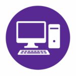 White computer monitor, keyboard, and tower icon on a solid purple circular background.