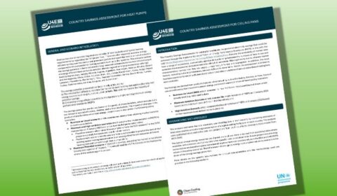 Two pages of a report titled Country Savings Assessment for Heat Pumps. The pages feature text, logos, and headers, set against a gradient green background. The logos include UAE and UN..