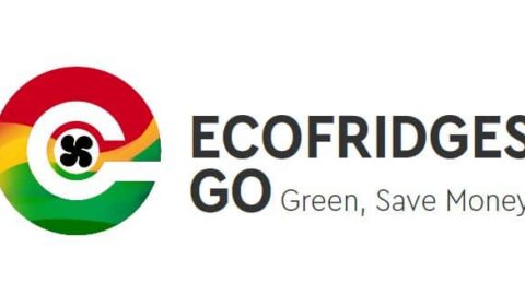 Logo with a circular design in red, yellow, and green, featuring a fan icon. Text reads ECOFRIDGES GO Green, Save Money..
