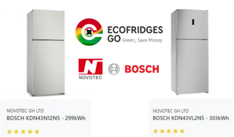 Two Bosch refrigerators with NOVOTEC logos and energy consumption labels: 299 kWh (left) and 303 kWh (right). ECOFRIDGES GO logo and Green, Save Money slogan above the appliances.