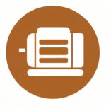 White electric motor icon inside a brown circle, symbolizing an industrial or electrical machine component, with simple and bold design elements.