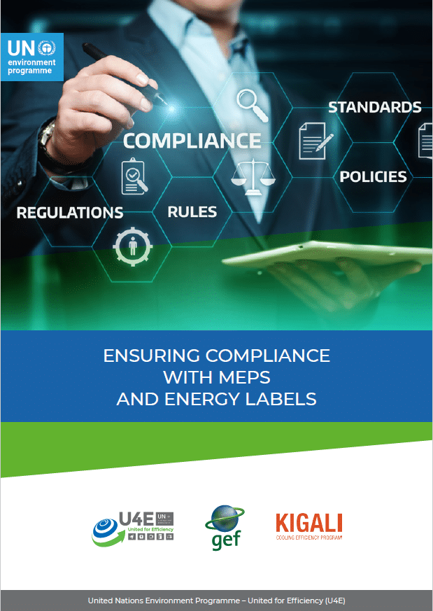 A person in a suit touches a virtual screen with icons labeled compliance, standards, regulations, rules, and policies. Text below reads: Ensuring compliance with MEPS and energy labels. UN logos are at the bottom.