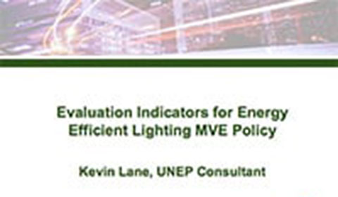 Title slide of a presentation reads, Evaluation Indicators for Energy Efficient Lighting MVE Policy by Kevin Lane, UNEP Consultant, with abstract lines and lights in the background.
