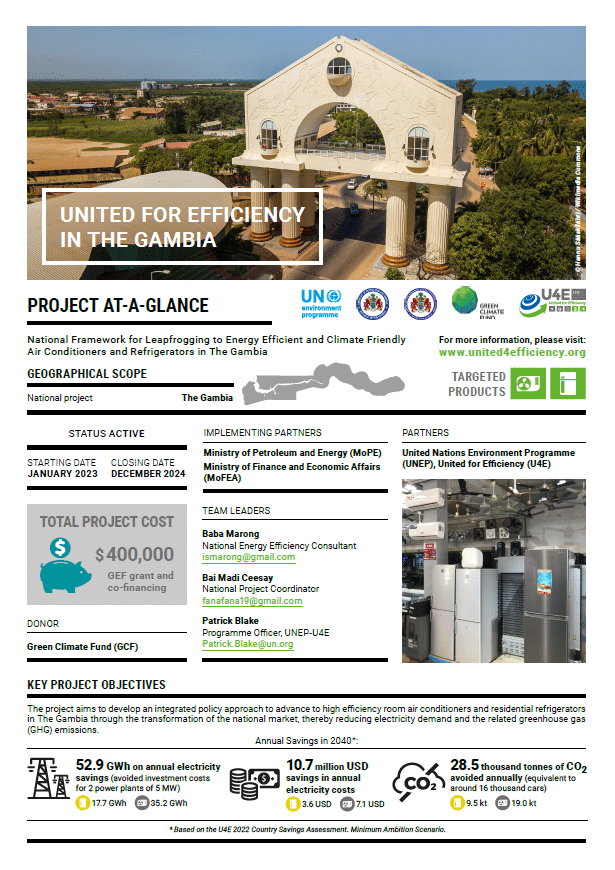 Infographic about an energy-efficiency project in The Gambia with project stats, sponsors, teams, photos of a white arch, air conditioning units, and icons showing energy savings and CO2 reduction.