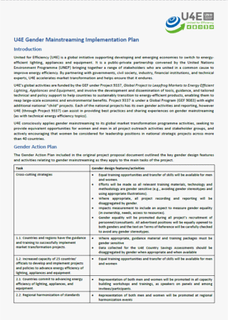 A document titled U4E Gender Mainstreaming Implementation Plan with text sections outlining objectives, cross-cutting strategies, and a table summarizing key gender features and activities for a sustainable energy project.
