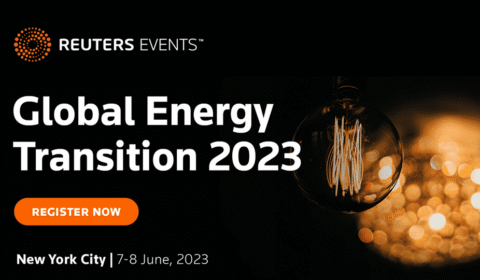 Reuters Events Global Energy Transition 2023 banner showing an illuminated light bulb, event dates June 7-8, 2023, in New York City, and a button reading Register Now on a dark background.