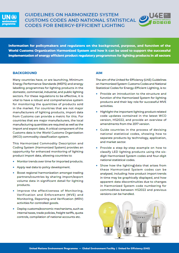 A fact sheet with blue and white text blocks explaining harmonized system customs codes for energy-efficient lighting, including icons, light bulb images, and UN logos at the top.