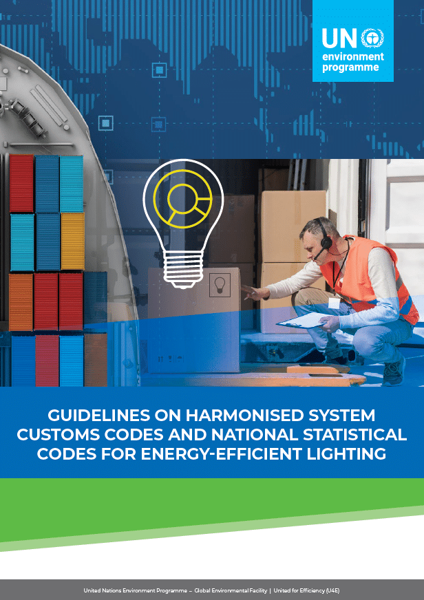A man in a safety vest inspects shipping containers. A lightbulb graphic appears above, and the UN Environment Programme logo is visible. The text reads: Guidelines on Harmonised System Codes for Energy-Efficient Lighting..