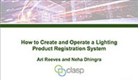 Presentation slide titled How to Create and Operate a Lighting Product Registration System by Ari Reeves and Neha Dhingra, with the clasp logo below.
