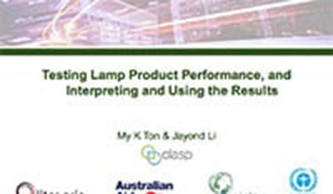 A presentation slide titled Testing Lamp Product Performance, and Interpreting and Using the Results by My K. Ton & Jayond Li, with logos at the bottom and a blurred background of lights and a cityscape.