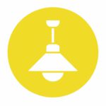White icon of a hanging ceiling lamp inside a solid yellow circle, on a white background.