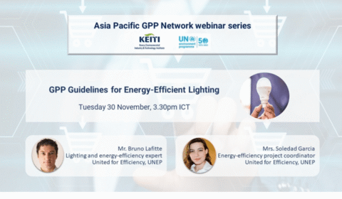 Webinar slide for GPP Guidelines for Energy-Efficient Lighting with event details, logos, photos of two speakers, and an image of a hand holding an LED bulb.
