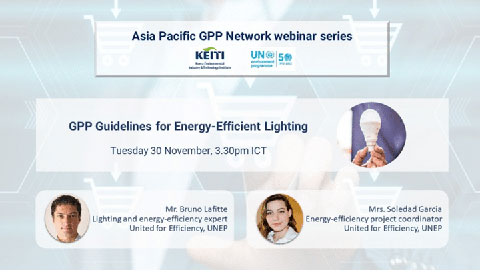Webinar slide for GPP Guidelines for Energy-Efficient Lighting with event details, logos, photos of two speakers, and an image of a hand holding an LED bulb.