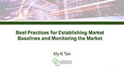 Presentation slide titled Best Practices for Establishing Market Baselines and Monitoring the Market by My K Ton, with a blurry background of industrial or office lighting and the dasto logo at the bottom.