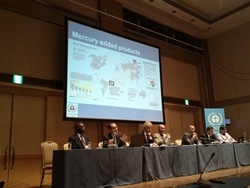 Six people sit at a conference table on a stage with a screen behind them displaying a world map and text about mercury-added products. The room is well-lit and set up for a formal presentation.