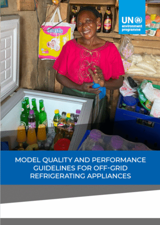 A smiling woman stands next to an open refrigerator filled with drinks and food in a small shop. The image is part of a UN Environment Programme document on off-grid refrigeration appliance guidelines.