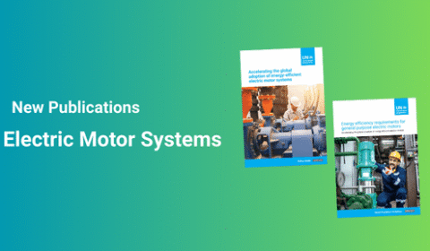 Two reports titled Accelerating the global adoption of energy-efficient electric motor systems and Energy efficiency requirements for general purpose electric motors on a green-blue gradient background.