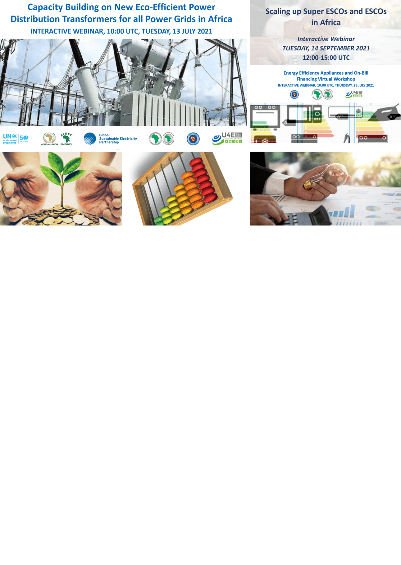 Collage of webinar posters on eco-efficient power and ESCOs in Africa, images of power lines, hands with leaves, an abacus, and people using laptops, highlighting themes of energy efficiency and sustainability.