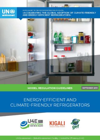 An open refrigerator with various food items and drinks inside, alongside logos of UN Environment, U4E, KIGALI, and GEF, and the title Energy-Efficient and Climate-Friendly Refrigerators..