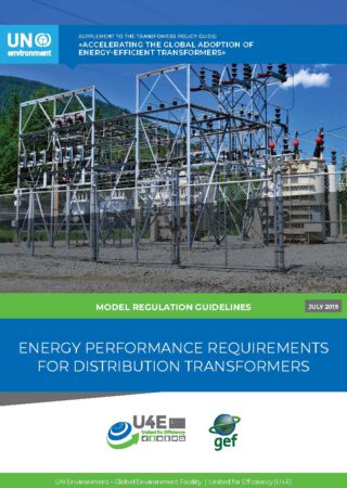 Cover of a UN Environment report on energy performance requirements for distribution transformers, featuring an outdoor electrical substation with power lines and equipment against a blue sky and green hills.