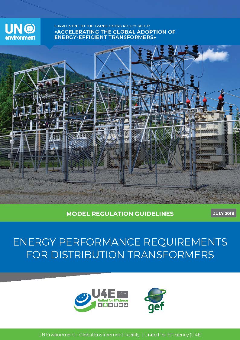 Cover of a UN Environment report on energy performance requirements for distribution transformers, featuring an outdoor electrical substation with power lines and equipment against a blue sky and green hills.