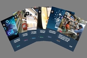 Five brochures are fanned out on a gray background, each displaying different cover images and titles related to security, efficiency, and fraud prevention in retail environments.