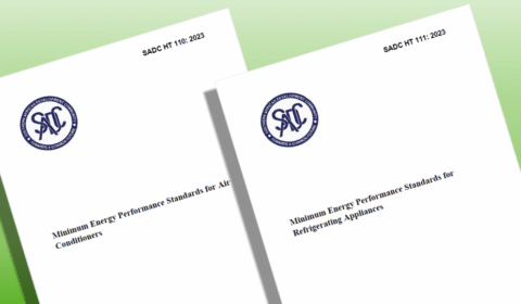 Two official SADC documents titled Minimum Energy Performance Standards for Air Conditioners and Minimum Energy Performance Standards for Refrigerating Appliances on a green gradient background.