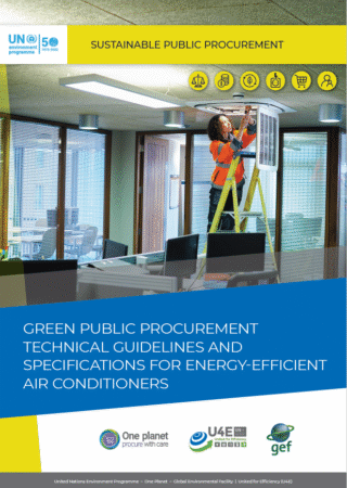 A woman stands on a ladder installing an air conditioner in an office. The cover text reads Green Public Procurement Technical Guidelines and Specifications for Energy-Efficient Air Conditioners. Various organization logos are shown.