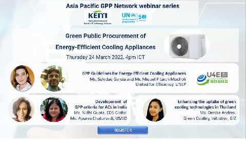 Webinar flyer for Green Public Procurement of Energy-Efficient Cooling Appliances with photos of four speakers, event details, and logos for KETI, UN, and UfCCC. Date: March 24, 2022, 4pm ICT. Blue Register button at bottom.