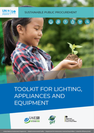 A girl smiles while holding a small plant in soil in her hands. The image promotes a toolkit for lighting, appliances, and equipment, focusing on sustainable public procurement.