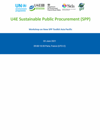 A flyer for the U4E Sustainable Public Procurement (SPP) workshop on the new SPP Toolkit Asia Pacific, held on June 3, 2021, from 09:00-10:30 Paris time. Several organization logos are at the top.