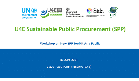 A flyer for the U4E Sustainable Public Procurement (SPP) workshop on the new SPP Toolkit Asia Pacific, held on June 3, 2021, from 09:00-10:30 Paris time. Several organization logos are at the top.