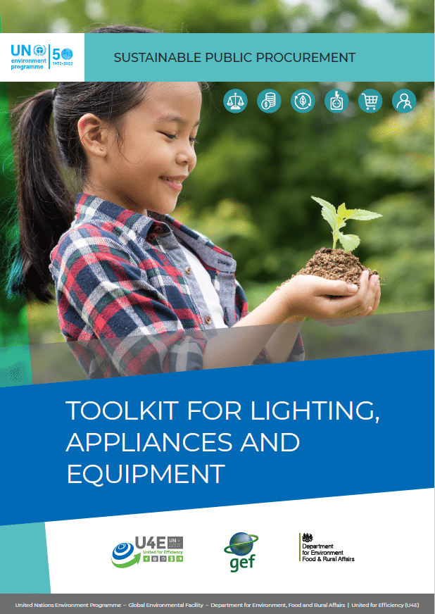 A girl smiles while holding a small plant in soil in her hands. The image promotes a toolkit for lighting, appliances, and equipment, focusing on sustainable public procurement.