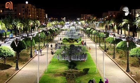 A vibrant city park at night, with palm trees, green lawns, light decorations, people sitting on benches, and cars lining both sides of the well-lit walkway.