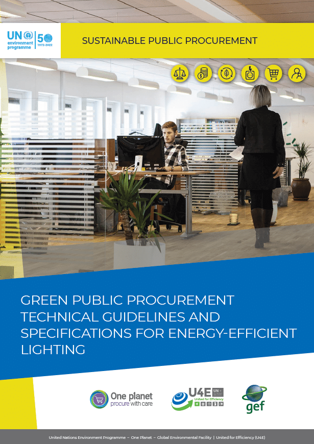 Office scene with two women working at desks, surrounded by plants and overhead lights. Cover text: Green Public Procurement Technical Guidelines and Specifications for Energy-Efficient Lighting. Various environmental logos are visible.