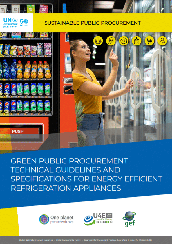 A woman uses a vending machine near refrigerators. The cover reads: Green Public Procurement Technical Guidelines and Specifications for Energy-Efficient Refrigeration Appliances. Logos and a green banner are visible.