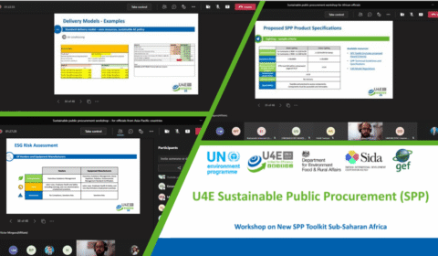 A split-screen screenshot of a virtual workshop shows slides on procurement, risk assessment, and product specifications, with presenters and participants visible in small video panels. The event is titled U4E Sustainable Public Procurement (SPP)..
